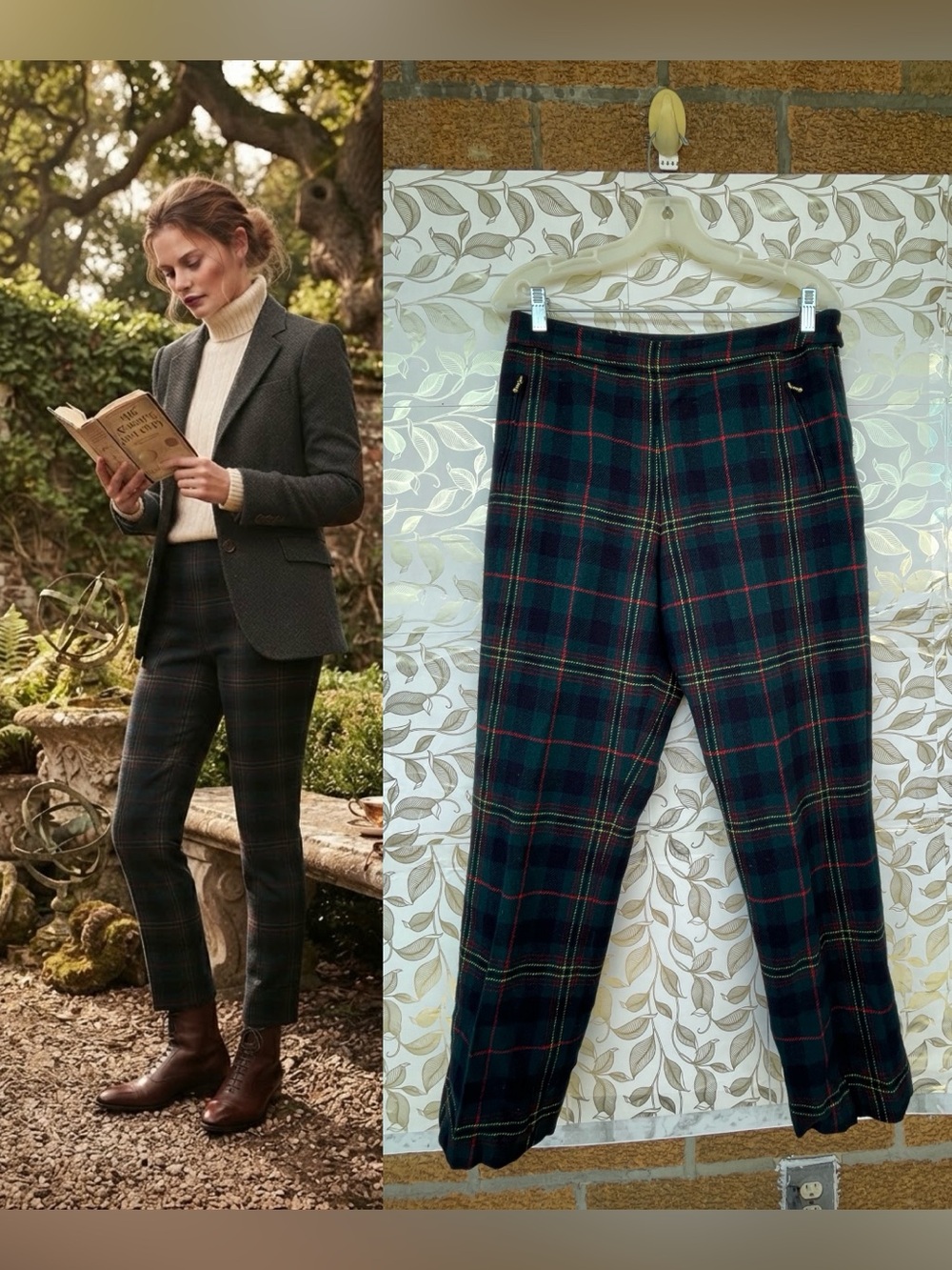 Ralph Lauren 90s Wool Black Watch Plaid Pants Dark Academia Petite 10P